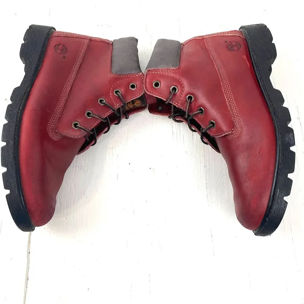 Timberland Lace Up Boots Red Hiking Waterproof Men's 6, Women's 8